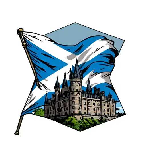 Hexagon outline, scotland flag waving main image inside hexagon, background edinburgh castle,foreground heather tattoo design idea