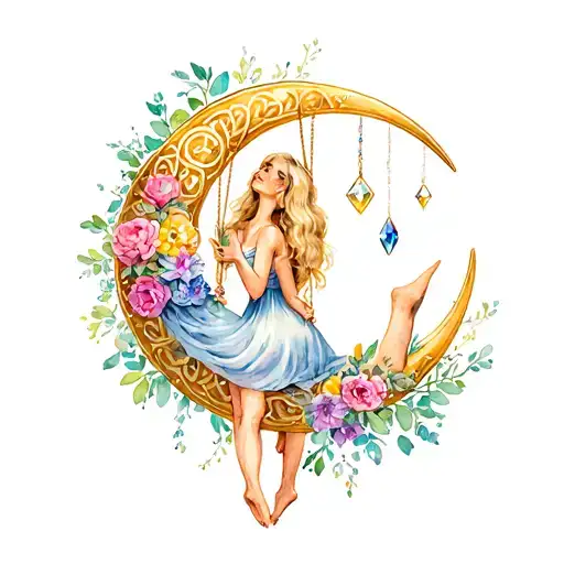 flowers, two blonde, sisters, swinging backwards on celtic crescent moon, diamonds and gems hanging, stars tattoo design idea