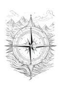 large compass surrounded by intricate geometric mountains and waves, black and white tattoo design idea