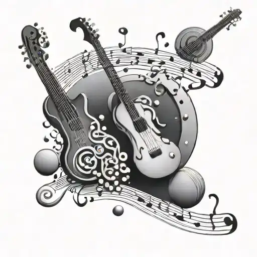 An abstract representation of a DMT journey incorporating musical elements such as notes and instruments tattoo design idea