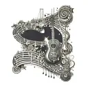 An abstract representation of a DMT journey incorporating musical elements such as notes and instruments tattoo design idea