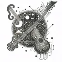 An abstract representation of a DMT journey incorporating musical elements such as notes and instruments tattoo design idea