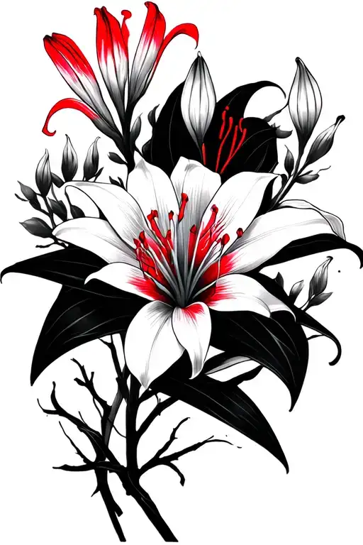Masculine red spider lily tattoo, minimal blackwork, sharp lines, red accents, botanical branches, arm, modern male styl tattoo design idea