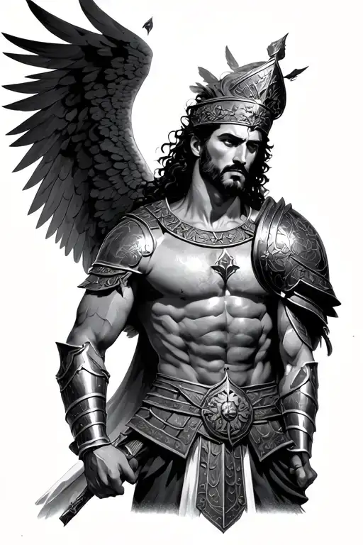 Arcangel San Miguel coming down from heaven to fight, with a masculine face and Roman armor tattoo design idea