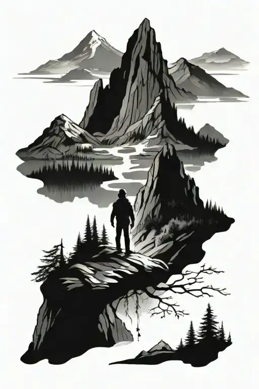 mountain, alpine forest and a person waiting in the hope to meet his lost love again and write "TENNIE" in English tattoo design idea