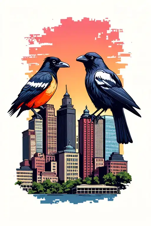 Baltimore city skyline with Oriole and raven on each end tattoo design idea