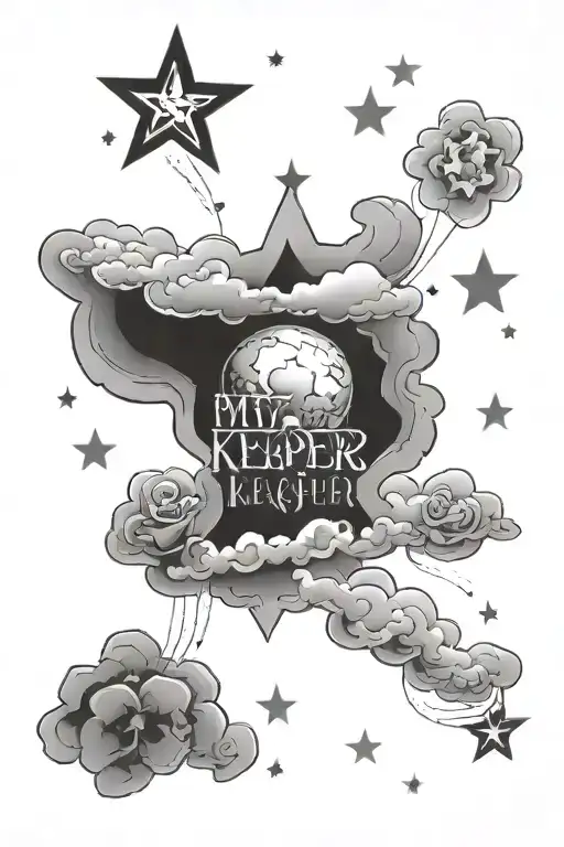 the words my brothers keeper in the clouds surrounding with stars with ore filling  the words are easy to read tattoo design idea
