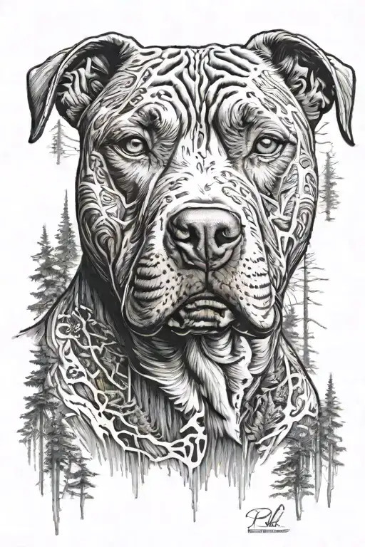 pitbull dog with background of the forest tattoo design idea