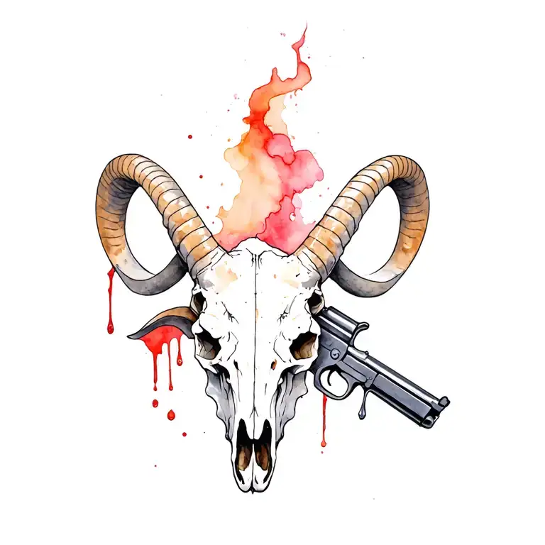 capricorn ram skull guns blood city buildings tattoo design idea