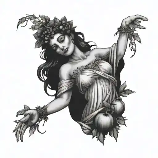 Blackwork style tattoo of the Greek goddess Persephone drawn full body, with pomegranates, foliage and hands pulling her feet tattoo design idea
