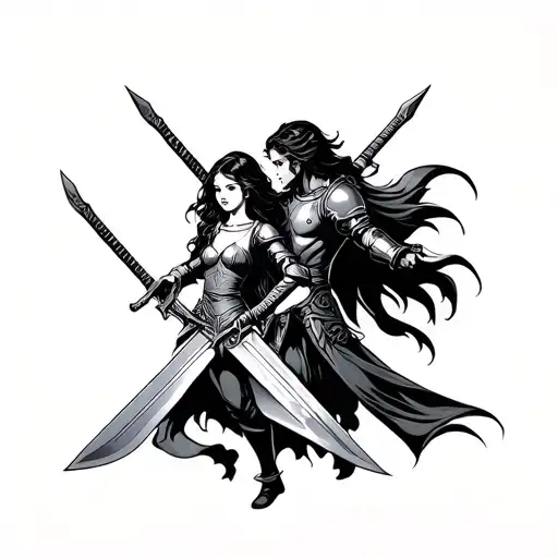 father and daughter protection with swords and armor tattoo design idea