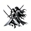 father and daughter protection with swords and armor tattoo design idea