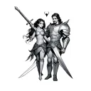 father and daughter protection with swords and armor tattoo design idea