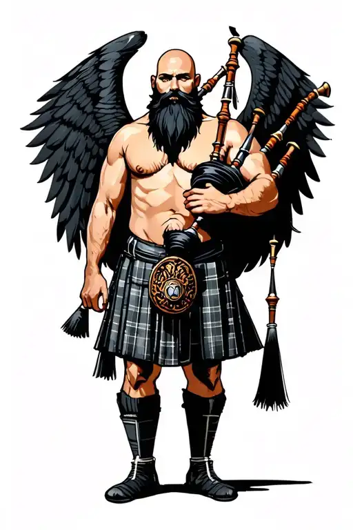 no legs, shirtless muscular bagpiper bald black beard playing bagpipes huge black wings black background tattoo design idea
