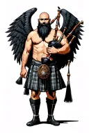 no legs, shirtless muscular bagpiper bald black beard playing bagpipes huge black wings black background tattoo design idea