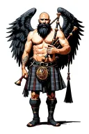 no legs, shirtless muscular bagpiper bald black beard playing bagpipes huge black wings black background tattoo design idea