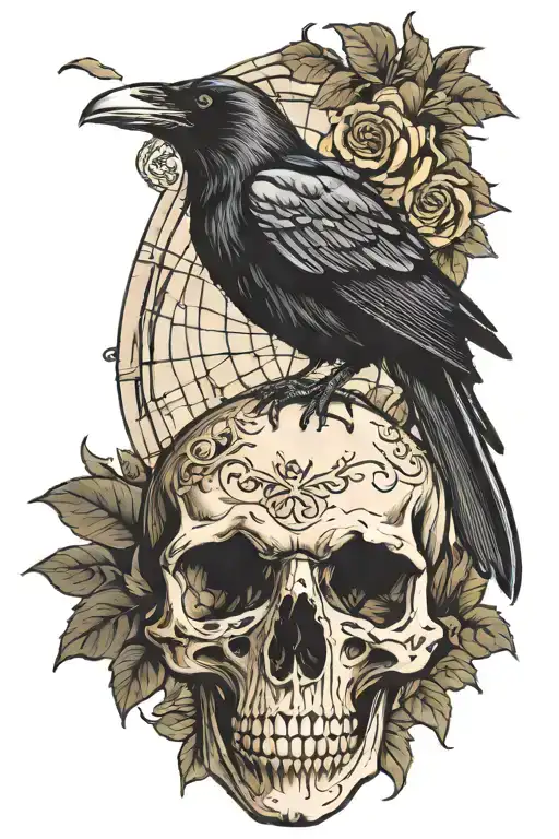 Raven on skull church window tattoo design idea