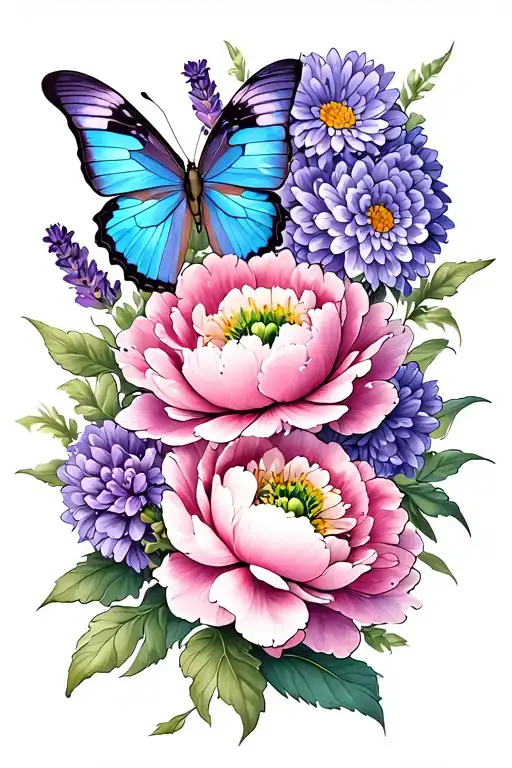 pink peony,lavender chrysanthemum, and blue butterfly tattoo design idea