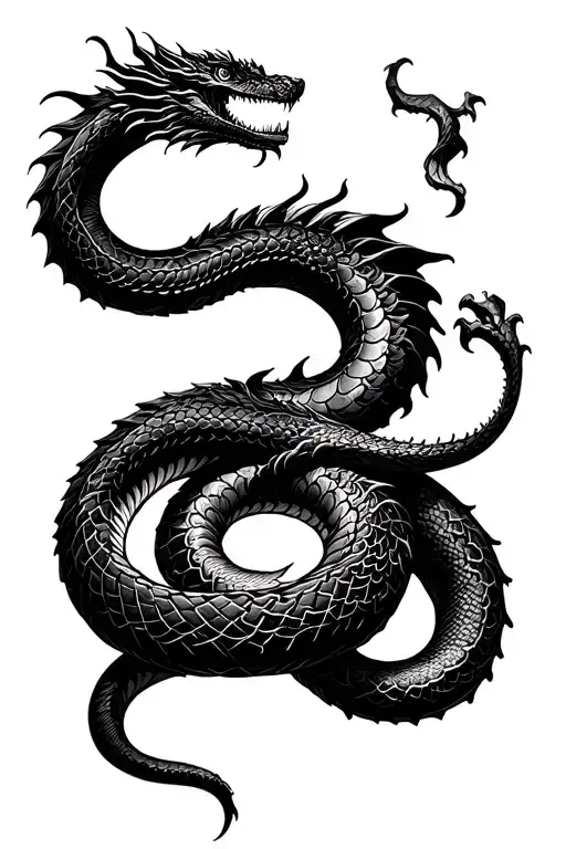 a dragon and a dark mode snake that its flesh teard apart and both twisted together tattoo design idea