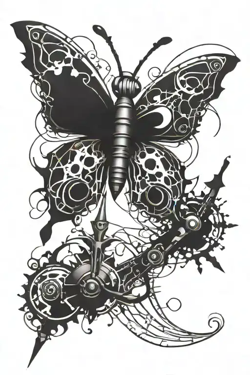 Mechanical butterflx with mist and kunai dynamic pose tattoo design idea