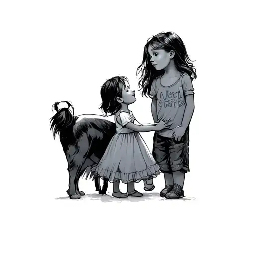 a little sister looking up to her brother and ignored small black and white tattoo design idea