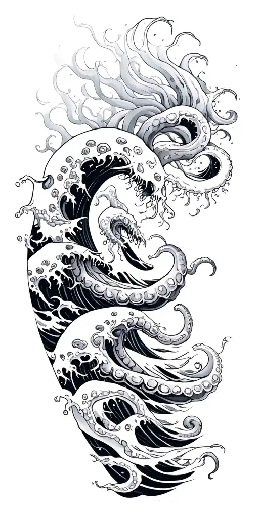 japanese waves up arm and disembodied tentacles rising out  tattoo design idea