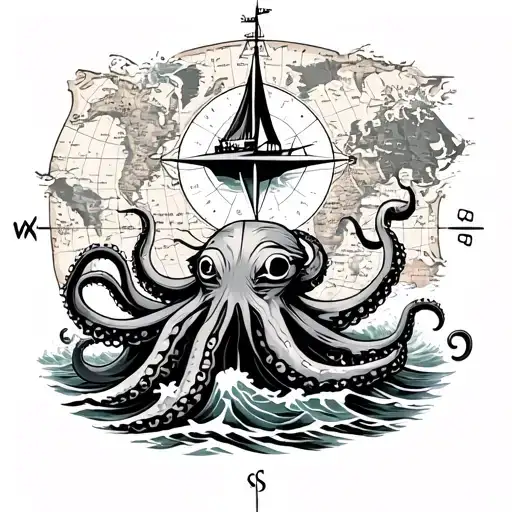 a map with a compass with a boat above it in rapid waves being pulled down by a big octopus  tattoo design idea