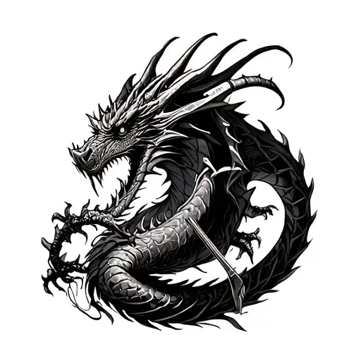 A fierce dragon intertwined with heavy metal elements like guitar strings and drumsticks tattoo design idea