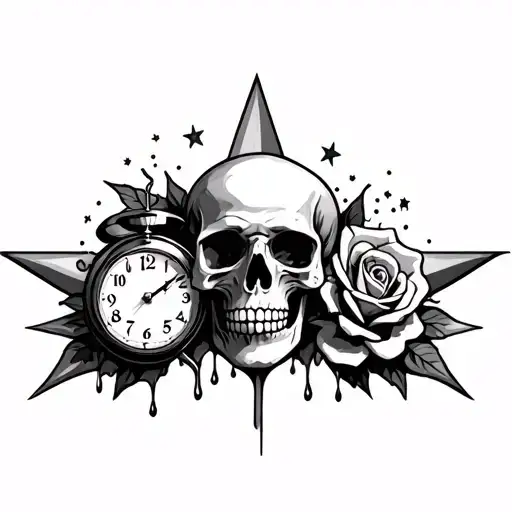 stars and skull with rose and clock melting tattoo design idea