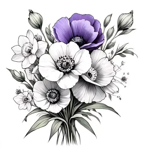 violet, daffodil,poppy,narcissus flower bouquet fine line tattoo design idea