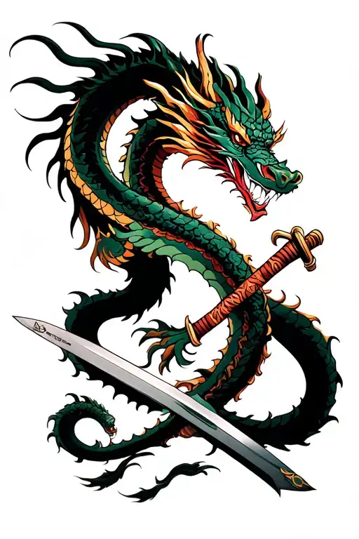Asian dragons that winds around a German long sword. Two of his hands should be on the grip and be tattoo design idea