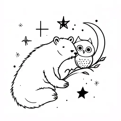 baby polar bear, baby owl, star, and sliver moon tattoo design idea