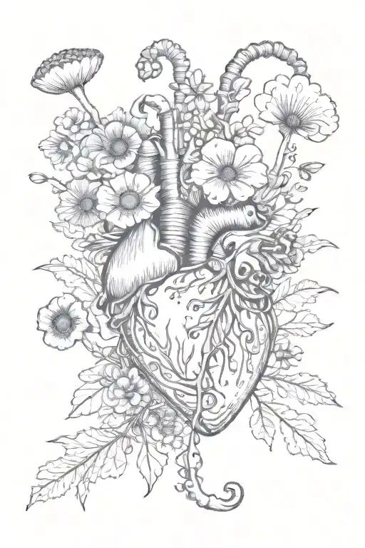 abstract design human heart, poppies, anemones, mushrooms, love and the letters J and C tattoo design idea