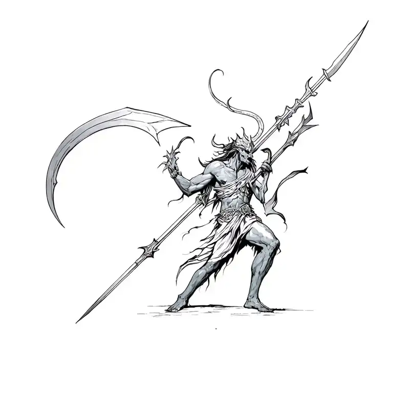 Azrail with a sickle against the devil with a spear tattoo design idea