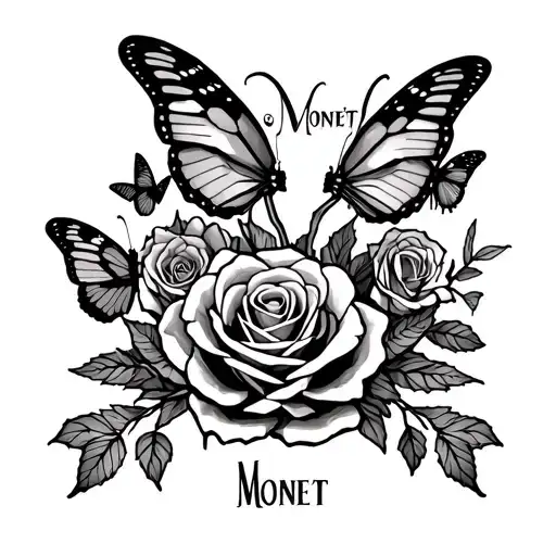 Tattoo saying “Monét” with skeleton fingers roses & butterflies  tattoo design idea