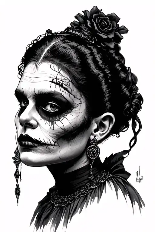  Wednesday x bride of Frankenstein Hybrid (Black & Grey)	•	Gothic portrait-style composition	•	Wednesday Addams tattoo design idea