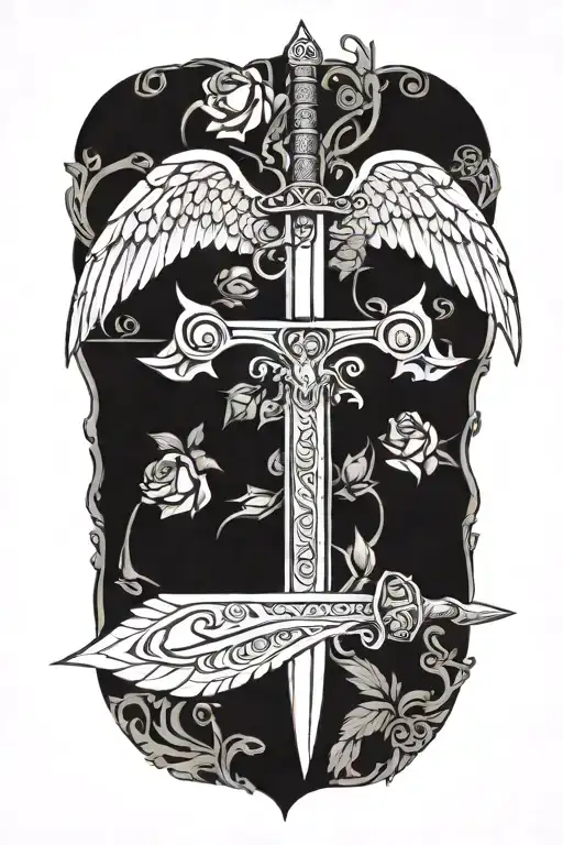 angel wings behind sword, roses tattoo design idea
