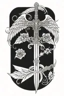 angel wings behind sword, roses tattoo design idea