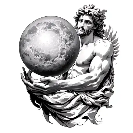 Black and white tattoo design for the forearm featuring Atlas, the mythological Greek titan holding the celestial sphere tattoo design idea