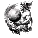 Black and white tattoo design for the forearm featuring Atlas, the mythological Greek titan holding the celestial sphere tattoo design idea