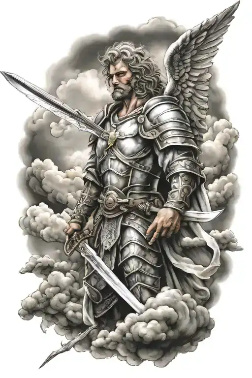 angel warrior with sword and cloud background tattoo design idea