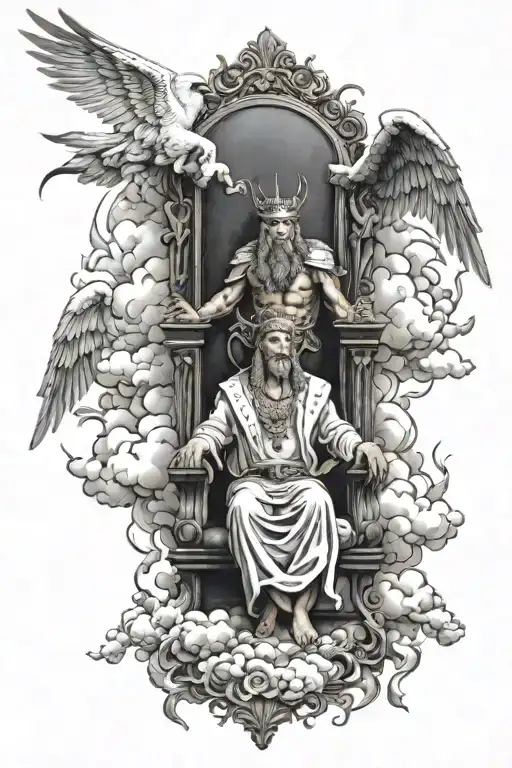 king of kings sitting on throne of cloud and fire surrounded by flying angels tattoo design idea