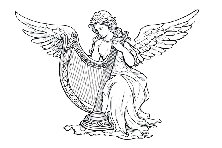 irish harp with angel tattoo design idea