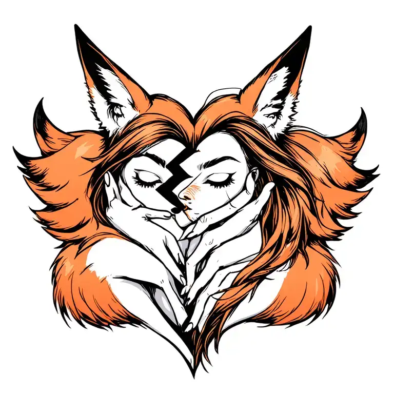 woman with fox ears stitching together a broken heart wrapped with fox tails tattoo design idea