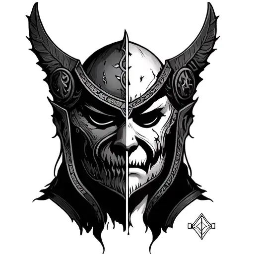 Idea 3: Dual Nature Mask (two-faced guardian)- Left forearm: A grim, battle-worn warrior mask with scars, runes, or fla tattoo design idea