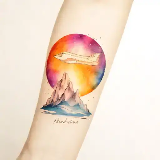 nasa shuttle and mountains with aurora borealis colors tattoo design idea