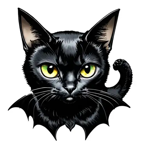 one eyed black cat with bat wings tattoo design idea