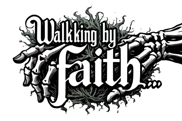 "Walking by faith..." in a very beautiful font surrounded by a skeleton hand with flesh growing back tattoo design idea