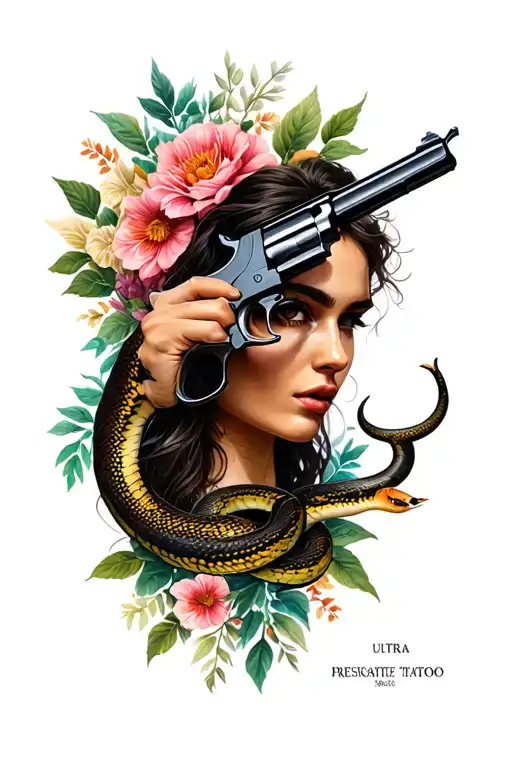 Have the Taurus sign, the face of a woman with a gun, have flowers and a snake and be large tattoo design idea