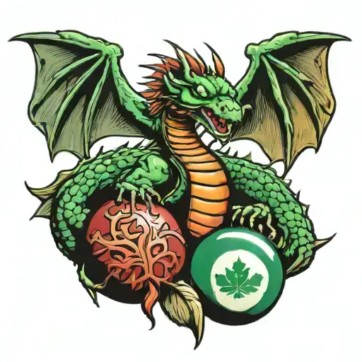 a Walsh dragon on top of 3 rugby balls one ball with Keltic knot, one with polish eagle, one with maple leaf tattoo design idea